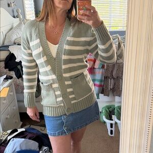 NWOT American Eagle Outfitters Sage and White Striped V-Neck Button Cardigan